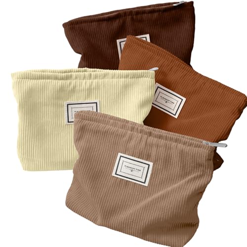 Sanwuta 4 Pack Velvet Makeup Bag Cosmetic Bag for Women Large Capacity Corduroy Pouch Zipper Canvas Travel Toiletry Purse Make up Organizer Case Accessories(Dark Color,Plaid) - color: Dark Color