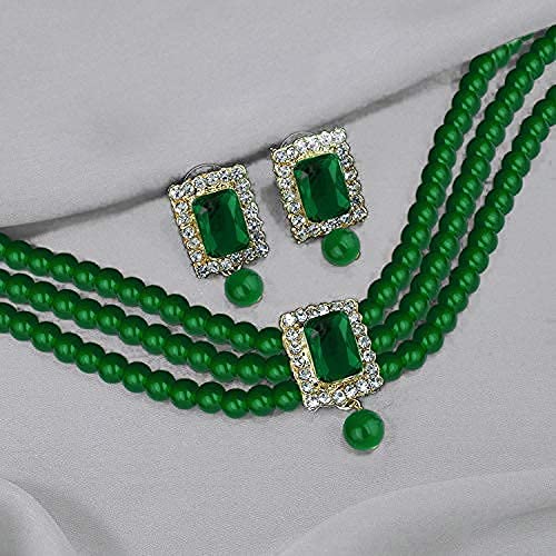 Aheli Ethnic Choker Necklace Earrings Wedding Bollywood Party Jewelry Set Gift for Women - color: Green 2