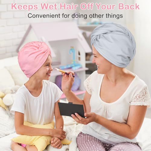 Basumee Microfiber Hair Towel Wrap for Kids 2 Pack Rapid Drying Hair Towel with Button Hair Turbans for Wet Hair Wraps Head Towel Wrap for Women and Girls - color: Pink Gray