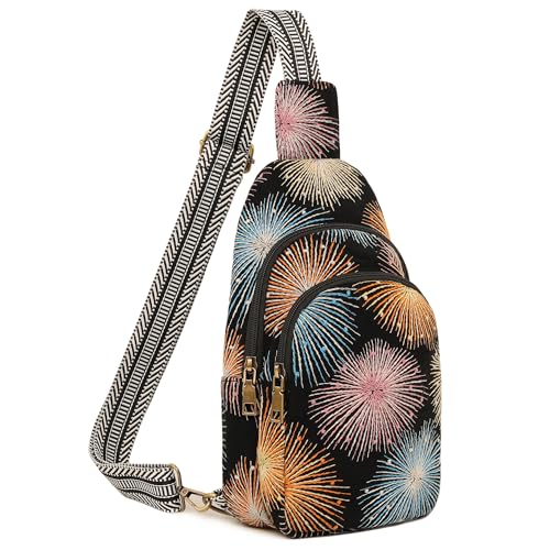 SILKAREA Canvas Sling Bag for Wome Crossbody Purse Small Sling Backpack Purse Travel Hiking Chest Bag Daypack - color: Embroidered Fireworks Black