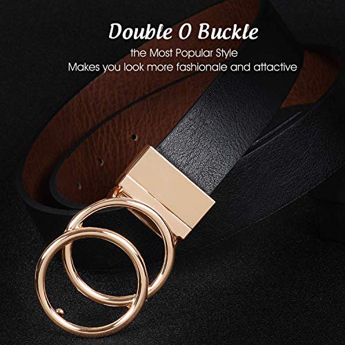 JASGOOD Women Leather Belt,Reversible Belt,Leather Waist Belt for Jeans Dress with Gold Double O Ring Rotate Buckle - color: A-black+brown, size: Length 37":Fit Size 28"-32"