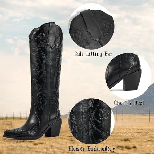 wetkiss Knee High Cowboy Boots for Women, Stable and Comfortable | Western Style,Cowgirl Boots,Versatile,Pull On,Various Occasions,Non-slip Sole,Bohemian Rural Style - color: Classic Black Floral, size: 11