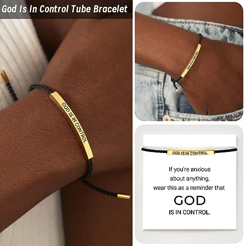 God is in Control Tube Bracelet for Women Men, Handmade Braided Adjustable Inspirational Bracelets Stainless Steel Christian aith Jewelry for Christmas Birthday Gifts - color: Silver-Black