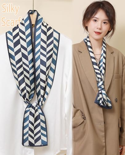 kcctoo 59” Long Silk Like Head Scarf Women's Fashion Square Neck Satin Scarfs for Bag Hair Scarves Gift 59 * 5.9” - color: Y4 Serrated Dark Blue 59" X 5.9"