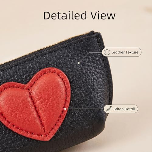Red Heart Design Small Coin Purse - Cute Compact Keychain Change Purse Soft Leather Wallet with Zipper for Women (Black) - color: Black