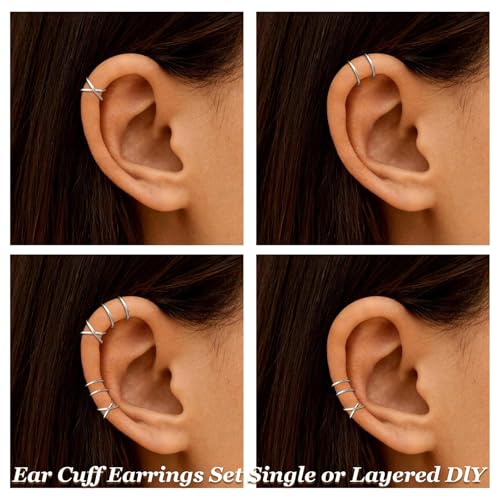 Ear Cuffs Non Piercing 14K Gold Plated Ear Cuff Earrings for Women Trendy Clip on Cartilage Earring Stacks Non Pierced Adjustable Fake Earrings Set Jewelry - color: A1:Silver Ear Cuffs