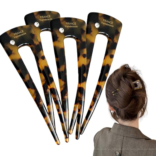 French Hair Clips 4-Pack Assorted Styles, U-Shaped Textured Hair Pins for Women with Black, Tortoiseshell, Leopard & Smoky, for Ponytail Bun Updo (Leopard Print) - color: Leopard Print