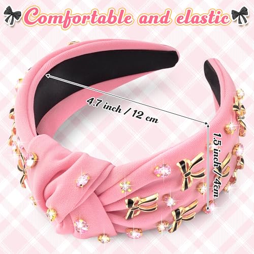 PANTIDE Coquette Black Bow Jeweled Knotted Headband - Rhinestone Crystal Embellished Preppy Trendy Headband Wide Top Knot Non Slip Fashion Hairband Hair Accessories Birthday Gift for Women Girl (Pink) - color: Pink Black Bow