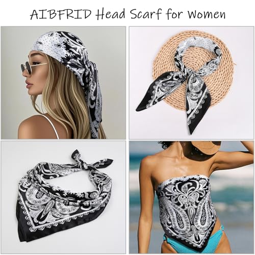 AIBFRID Square Head Scarves Satin Silk Hair Scarf Boho Bandana Headwear for Women Silk Feeling Hair Wrap Neck Scarf - color: Black, size: 35inch