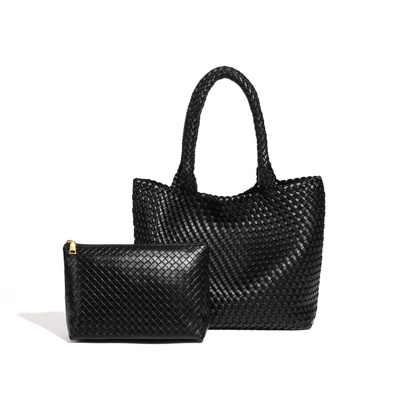 Woven Tote Bag for women,Vegan Leather Woven Satchel Handbag,Shoulder bag with Pouch,Hobo bag fits13-14” laptops - color: Black