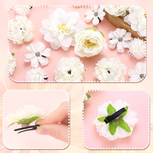 BBTO 21 Pcs Flower Hair Clip Rose Hair Clips Barrettes for Women Flower Accessories Boho Bride Claw Clip Hairpin Brooch Pin Headpiece for Wedding (White) - color: White