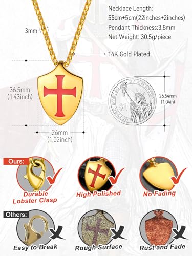 FaithHeart Knights Templar Necklace for Men, Christian Necklace for Men Stainless Steel Pendant Neckalces Christian Gifts with Gift Box - color: 03. Shield-Gold