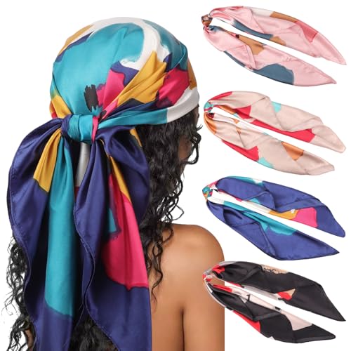 DRESHOW 35” Large Square Satin Head Scarf - 4Pcs Silk Accessories Classic Patterned Squares Beach Bandanas for Women - color: 4 Pcs: Colorful Graffiti