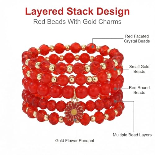 LOTSOF Boho Flower Beaded Bracelet Set for Women - Multilayer Crystal & Flower Charm Stackable Bracelets, Fashion Jewelry Gift for Her - color: Red