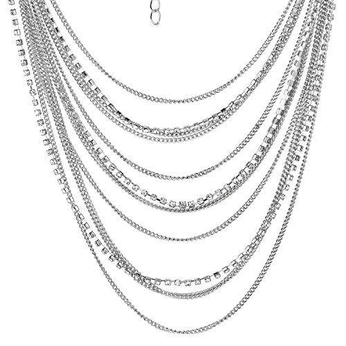 Waterfall Multi-Strand Chains Statement Collar Necklace with Rhinestones Chains, Dress - color: B-Metal Color: Silver