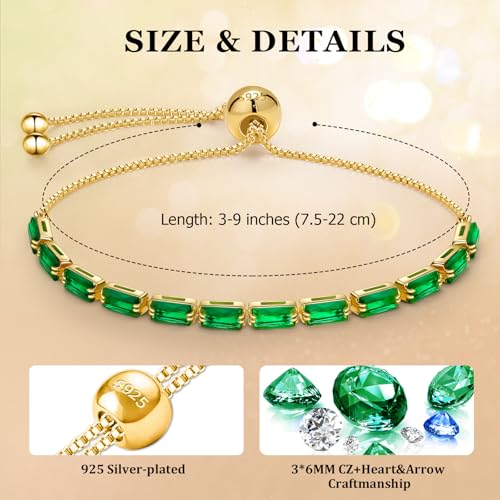 J.Fée Silver Bracelet, S925 Tennis Bracelet with Sparkling 5A Cubic Zirconia Silver Bracelets for Women Adjustable Bracelet for Women Bracelets Womens Bracelet Women Gifts for Women Mom - color: Zirconia Z Green Gold