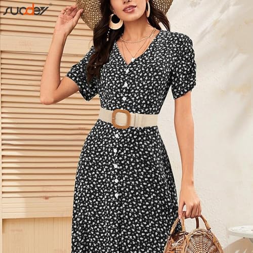 SUOSDEY 2 Pack Straw Woven Elastic Belt Braided Stretch Wide Boho Rattan Waist Belt for Women Dresses - color: 02-khaki+beige, size: Fit Waist up to 40''