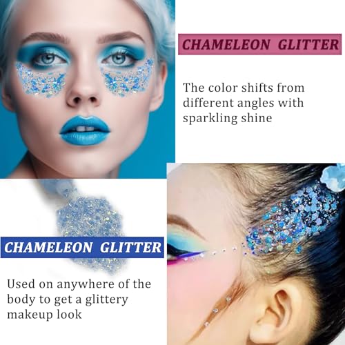 MEICOLY Chameleon Mermaid Blue Body Glitter,Chunky Face Glitter for Halloween,Color Changing Mermaid Glitter Face Paint,Glitter Sequins for Face Body Hair,Festival Party Cheer Glitter Makeup - color: chameleon mermaid blue body glitter