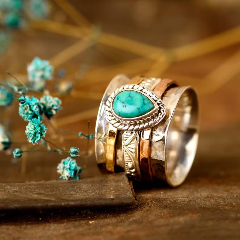 LRGKMCWTOB Vintage Sterling Silver Turquoise Ring for Women, Bohemian Style Handmade Dainty Ethnic Healing Stone Ring, Tribal Totem Cut Natural Turquoise Bridal Statement Ring Gift Size 10 - size: Size 10