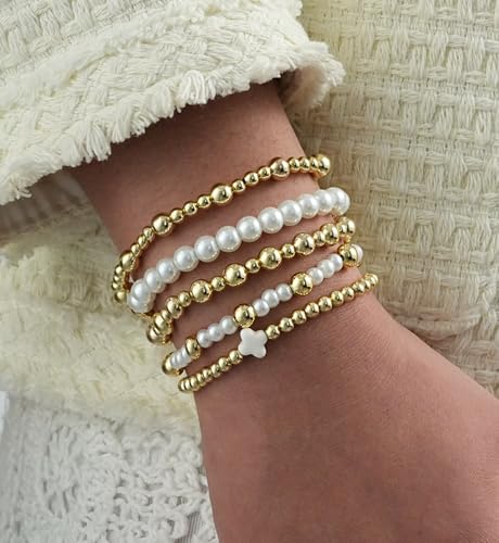 Gold Beaded Bracelets for Women, 14K Real Gold Plated Jewelry for Women Dainty Pearl Bead Bracelets Stack, Non Tarnish Trendy Stackable Ball Cross Stretch Bracelet Set Fashion Accessories Gifts - color: Gold white cross bead