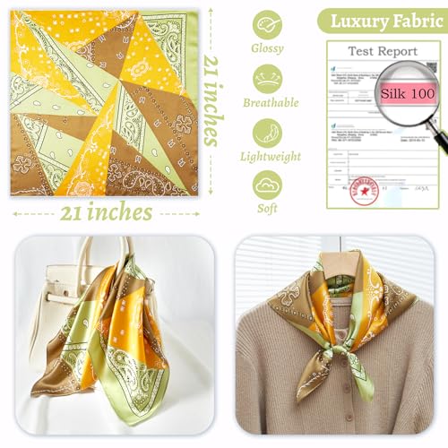 100% Mulberry Silk Neck Scarf 21''x21'' Small Square Hair Scarf for Women Men Lightweight Bandana Envelope Package - color: Geometric- Yellow
