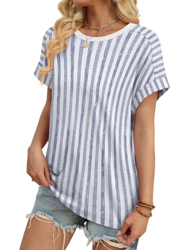 WIHOLL Womens Tops Short Sleeve Shirts Summer Outfits 2026 Spring Dressy Casual Clothes Clothing - color: Blue Stripes-2, size: Large