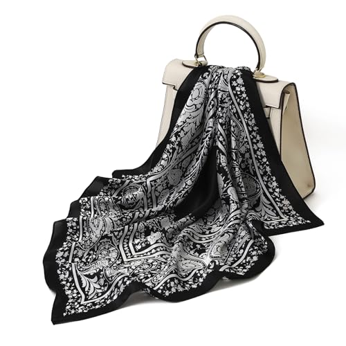 STARWHISPER 100% Pure Mulberry Silk Square Scarf-27''x27 Lightweight Hair Scarves Headscarf Night Sleeping with Gift Packed - color: Black Paisley