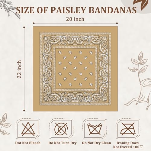 12 Pack Bandanas Unisex Paisley Cowboy Bandanas Bulk Multi Purpose Headband Scarf for Men Women Costume - color: Tan, style: Classic