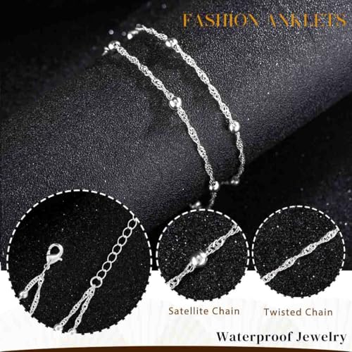 Yalice 925 Silver Ankle Bracelets Chain for Women Dainty 14K Gold Plated Waterproof Beads Anklets Layered Beach Foot Jewelry Gift - color: Silver-Satellite Chain