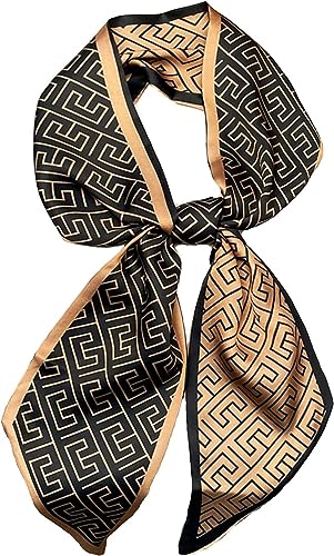 kcctoo 59" Mulberry Silk Like Head Scarf Women's Fashion Square Neck Satin Scarfs for Bag Hair Scarves Gift 59 * 5.9” - color: I18 Brown Squares 59" X 5.9"