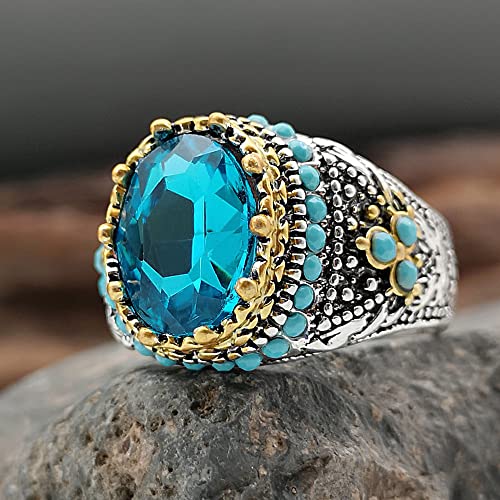 SUKKCCNO Vintage Turquoise Blue Crystal Ring for Men 14K Gold Plated Luxury Sapphire Surround Round Cut Synthetic-Turquoise Silver Plated Ring Turkish Handmade Engrave Jewelry Gift 6 - size: 6