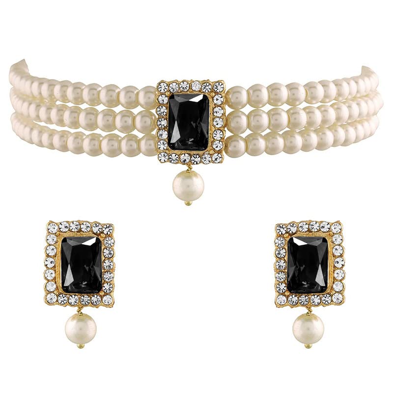 Aheli Ethnic Choker Necklace Earrings Wedding Bollywood Party Jewelry Set Gift for Women - color: Black