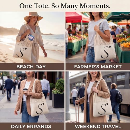 Shinylin Personalized Crochet Tote Bag for Beach Women Beige Mesh Knit Shoulder Bag Boho Aesthetic Tote for Women - style: Letter S