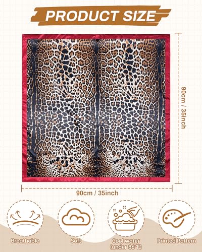 Mesovor 35” Square Head Scarf for Women, 3 Pack Like Silk Satin Headscarf Hair Neck Scarf Top Bandanas for Sleeping - color: Leopard(red/Black/Gold)