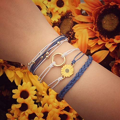 FANCY SHINY Easter Gifts Basket Stuffers Sunflower String Bracelet Boho Braided Rope Wrap Bracelets Cute Summer Beach Surfer Jewelry for Women - color: Navy Blue