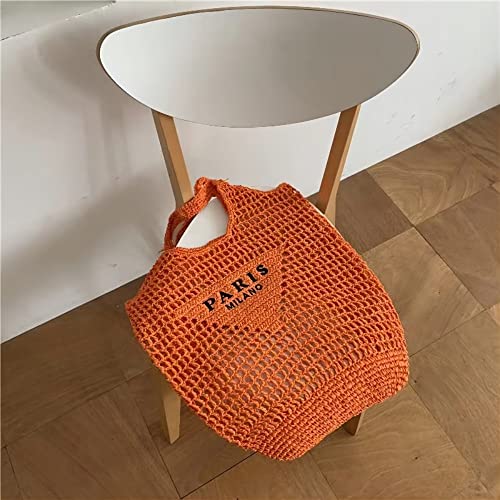 POOOPSSD New Woven Bag, Straw Mesh Tote Bag, Beach, Shoulder Bag, Hobo Women, Foldable Large Capacity, for Holiday. - color: Orange