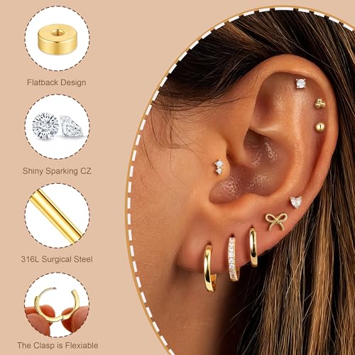 M MOOHAM Hypoallergenic Flat Back Earring Stack for Women Teen Girls, 14K Gold Plated Small Huggie Hoop Earrings Trendy Dainty Gold Cartilage Stud Earring Stacks Set Jewelry Gifts for Women Girls - color: 14K-Gold-Plated