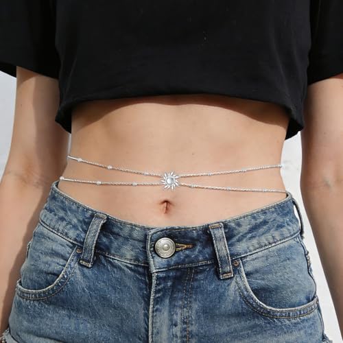 Waist Chain for Women,S925 Sterling Silver Body Chain Layered rope Waist Chains Sexy Bikini Beach Beads Chain Summer Waterproof Body Jewelry Adjustable 30-38 Inch - style: Sun