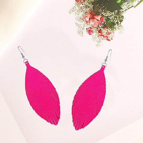 Large Genuine Soft leaf Leather Handmade Fringe Tassel Feather Lightweight Tear Drop Dangle Color Earrings for Women - color: Hot Pink