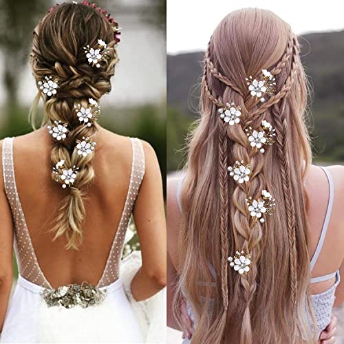 6 PCS Bridal Flower Wedding Hair Pins Crystal Pearl Hair Clips Headpiece Gold Wedding Hair Accessories Jewelry with Rhinestone for Brides Bridesmaids Women Girls Updo (Pure White Flower) - color: Pure White Flower
