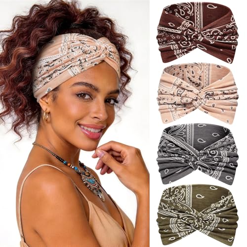 Wide Headbands for Women's Hair, 4 Pcs Hair bands – Vintage Turban Elastic Head Bands Adult Women Soft Head Wraps Knotted for Yoga & Workout – Summer Fashion Hair Accessories (brown) - color: brown
