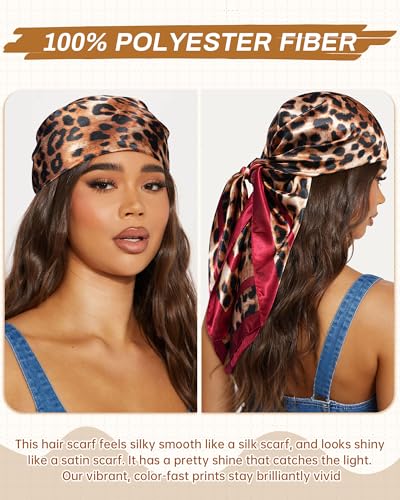 Mesovor 35” Square Head Scarf for Women, 3 Pack Like Silk Satin Headscarf Hair Neck Scarf Top Bandanas for Sleeping - color: Leopard(red/Coffee/Khaki)
