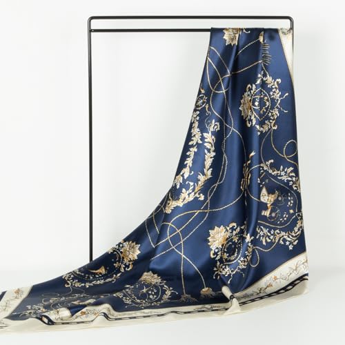 RIIQIICHY Head Scarf for Women Like Silk Scarf Hair Scarf Printed Square Scarf Bandanas for Women 35 Inches - color: Navy/Beige