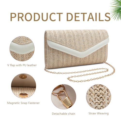 Straw Clutch Purse for Women Envelope Clutch Handbags for Summer Beach Evening Shoulder Crossbody Bag - color: Beige