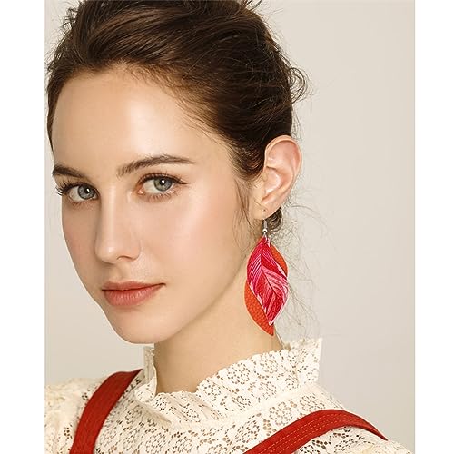 ANXIN boho unique Leather Earrings 2 Layered Lightweight Faux Leather Leaf Earrings Layered Design Drop Earrings Gift for Women - color: Orange Faux Leather Leaf Earrings