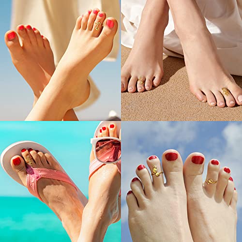 FIBO STEEL 9 Pcs Adjustable Toe Rings for Women Open African Toe Rings Summer Beach Foot Jewelry - color: Gold-tone