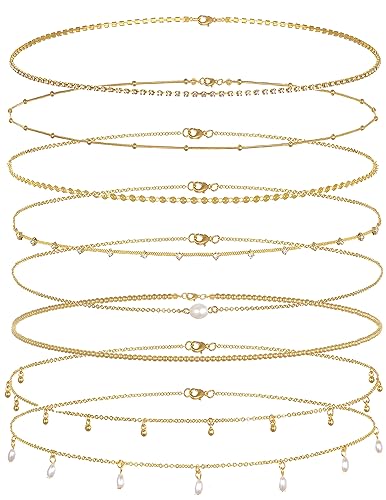 Tornito 8Pcs Waist Belly Chain CZ Heart Pearl Snake Bead Sequin Paperclip Belly Chain Summer Beach Sexy Body Chains Jewelry Accessories for Women Adjustable - style: B:8Pcs(Bead)
