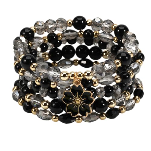 LOTSOF Boho Flower Beaded Bracelet Set for Women - Multilayer Crystal & Flower Charm Stackable Bracelets, Fashion Jewelry Gift for Her - color: Black