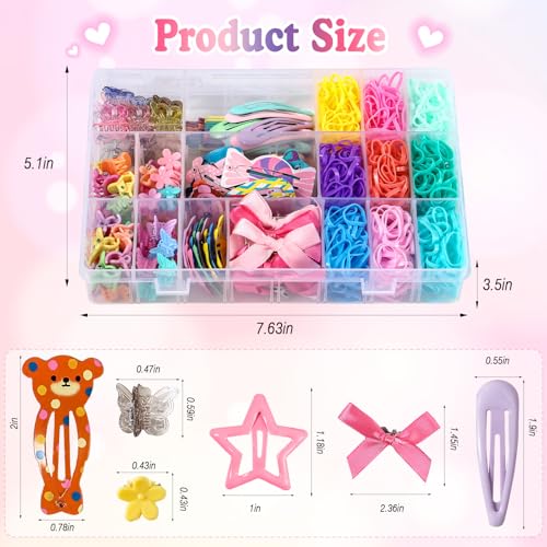 115 Pcs Hair Clips for Girls,900 Pcs Colorful Hair Rubber Bands,Toddler No-Slip Hair Accessories Kit with Animals,Fruits,Butterfly,Snap Clips, Bobby Pins for Baby Fine Hair