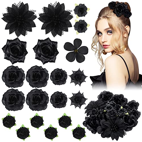 BBTO 21 Pcs Flower Hair Clip Rose Hair Clips Barrettes for Women Flower Accessories Boho Bride Claw Clip Hairpin Brooch Pin Headpiece for Wedding (Black) - color: Black